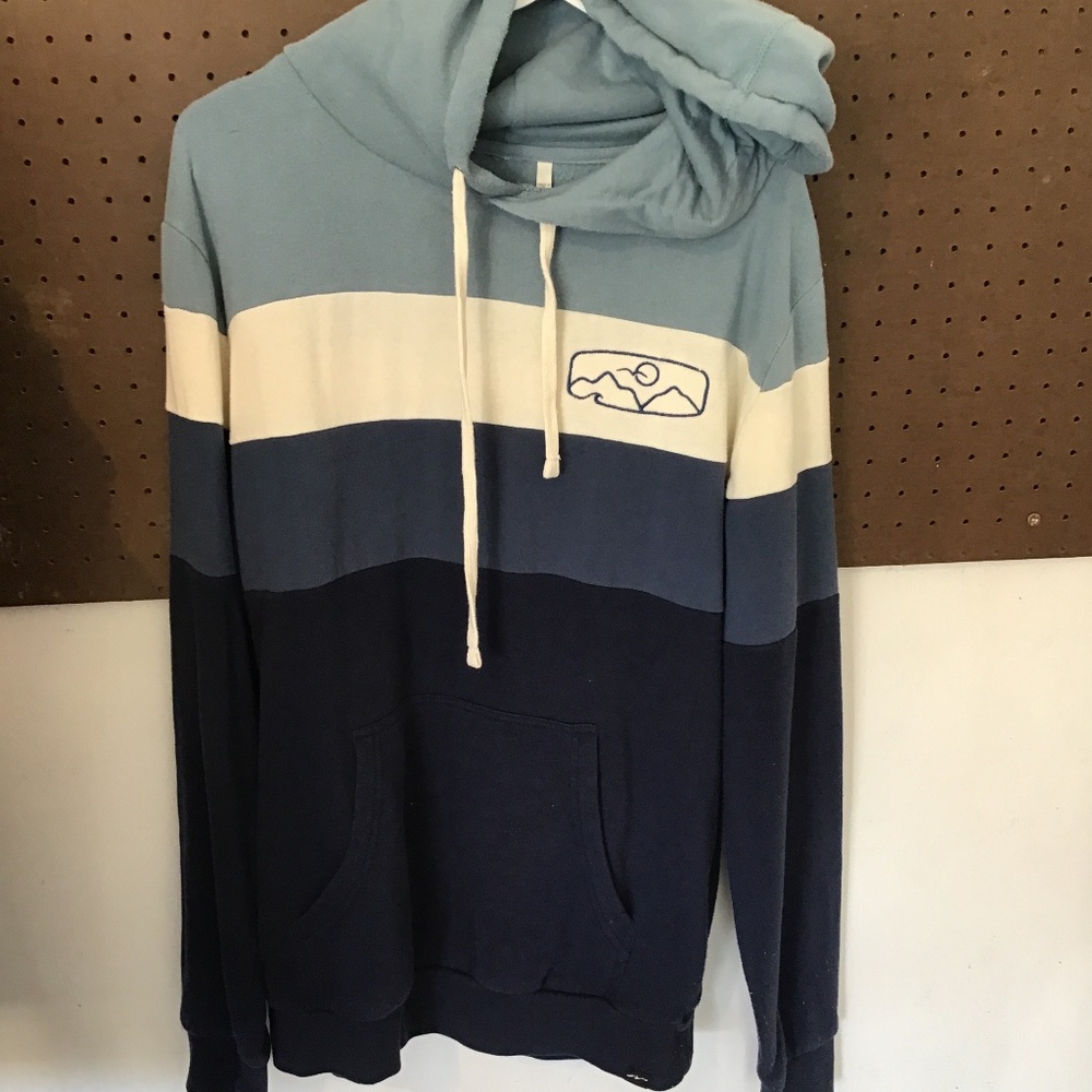Colorblock Pullover Hoodie Blue Cream Navy Kangaroo Pocket Casual Sweatshirt L